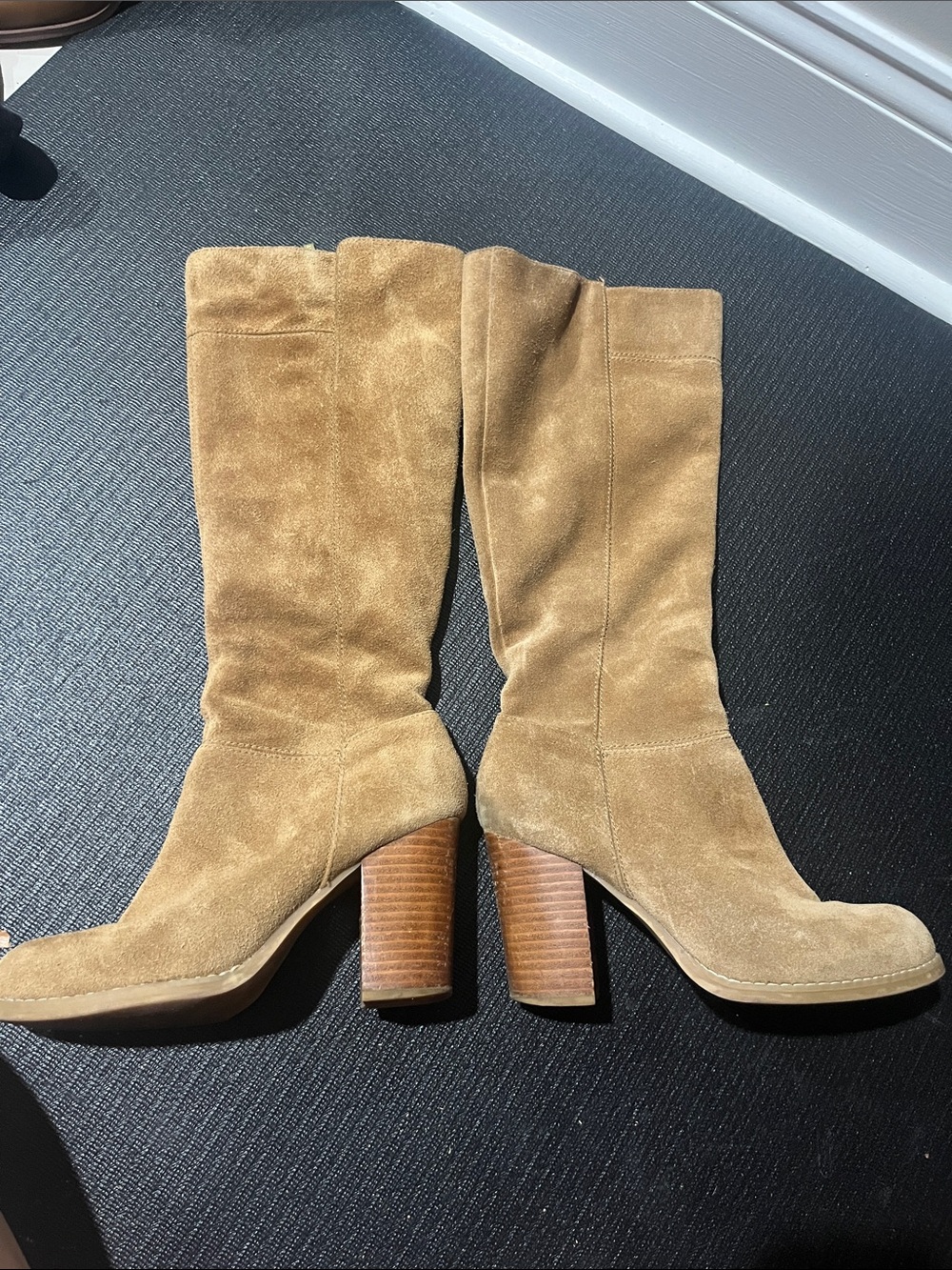 Nine West Tan Suede Mid-Calf Stacked Block Heel Boots